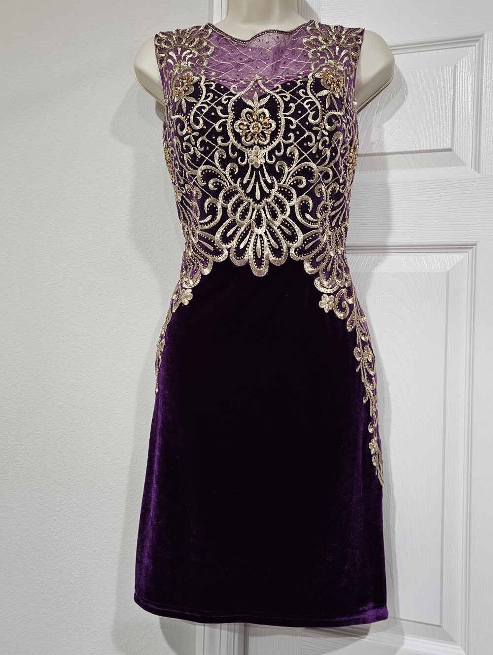 Clarisse Purple Velvet Mini Dress with Gold Embroidery